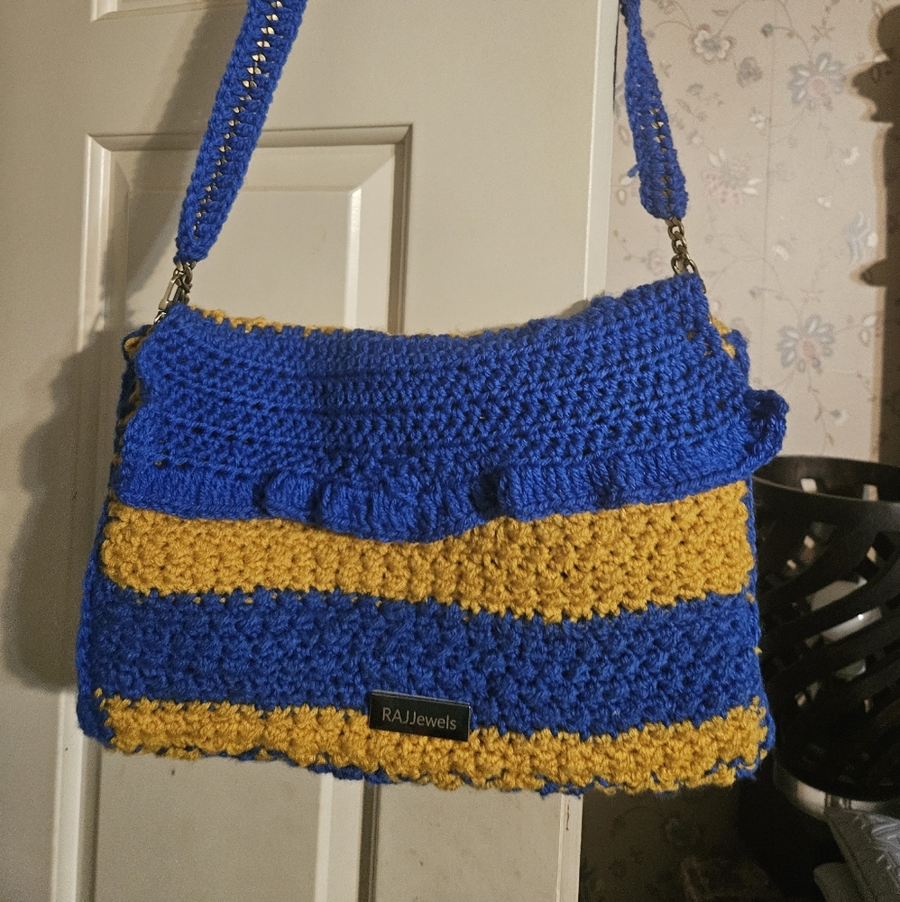 Beautiful Blue and Yellow /Goldest Crochet Double Sided Cross Body Purse